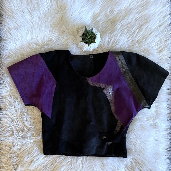 Vintage 1980s patchwork suede & leather purple & black short sleeve top 🇨🇦 - Picture 5 of 14